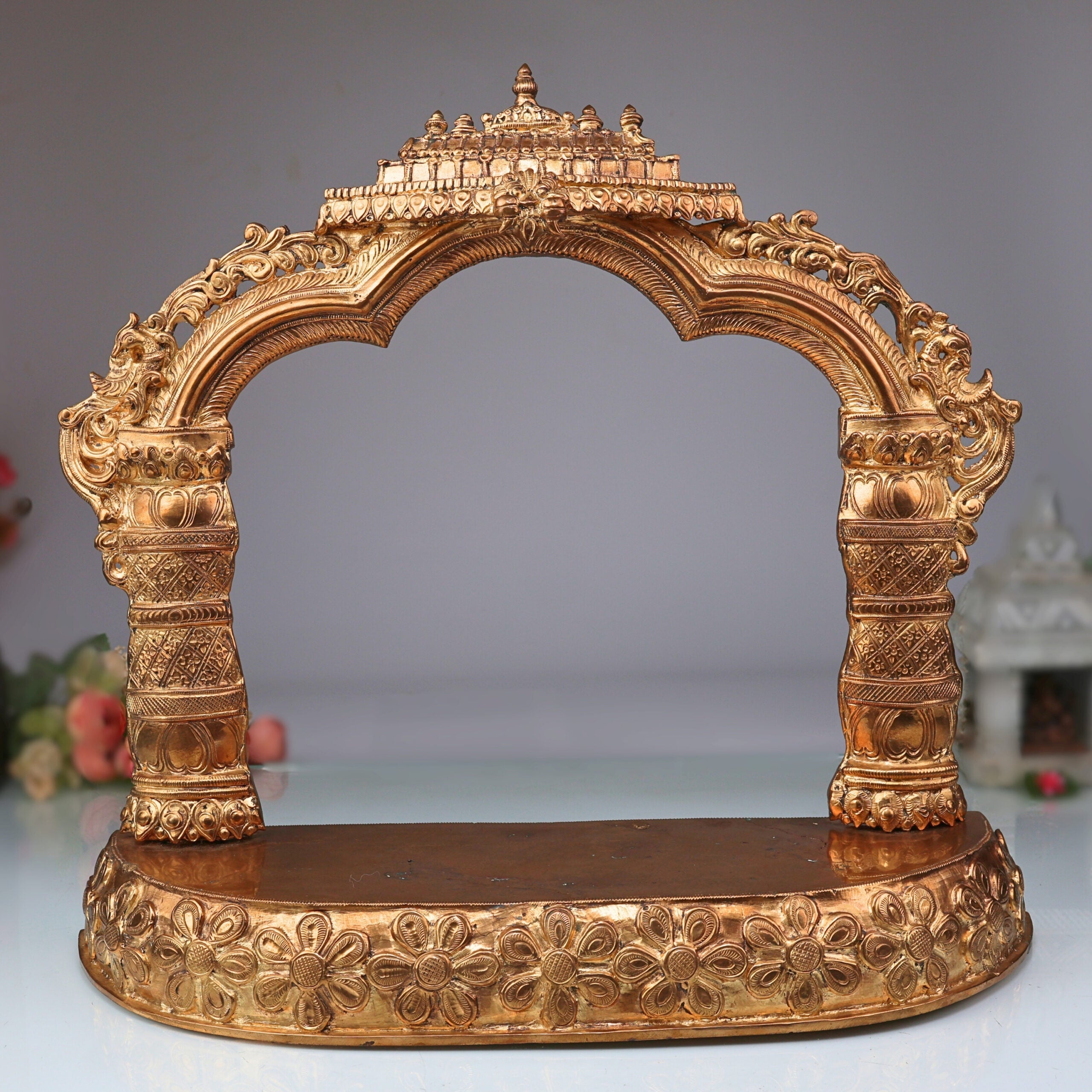 Panchaloha Bronze Mandapam with Prabhavali | Handmade Pooja Chowki, Singhasan Peetha, God Idol Pedestal, Traditional Temple Bajot with Arch Backrest, Gold, 15 Inch, 1 Piece
