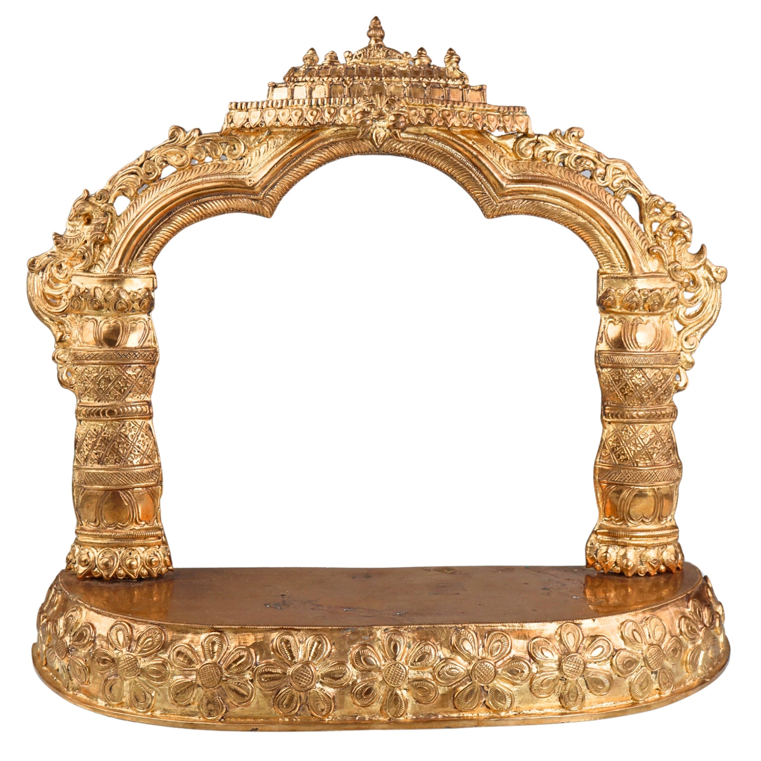 Panchaloha Bronze Mandapam with Prabhavali | Handmade Pooja Chowki, Singhasan Peetha, God Idol Pedestal, Traditional Temple Bajot with Arch Backrest, Gold, 15 Inch, 1 Piece