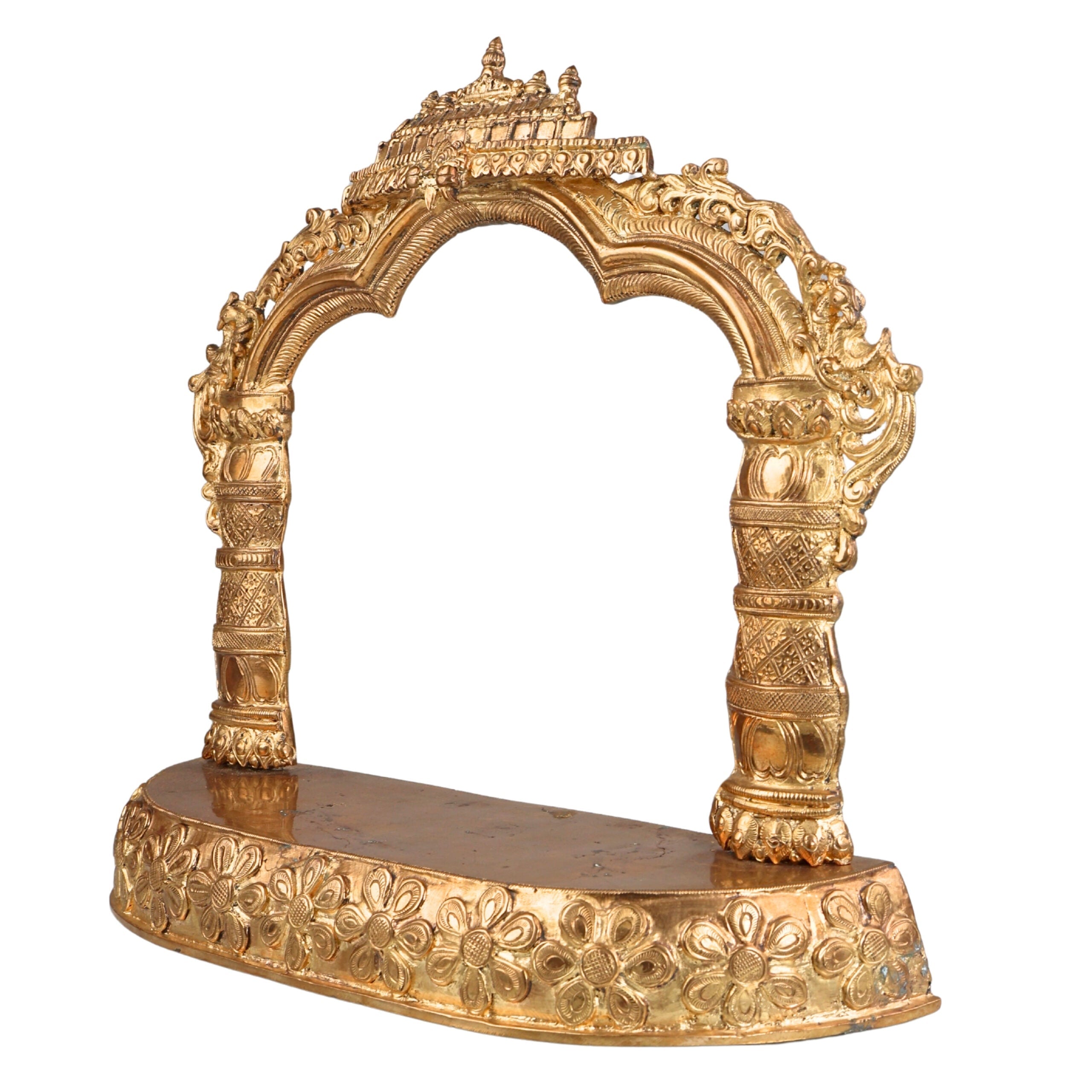 Panchaloha Bronze Mandapam with Prabhavali | Handmade Pooja Chowki, Singhasan Peetha, God Idol Pedestal, Traditional Temple Bajot with Arch Backrest, Gold, 15 Inch, 1 Piece
