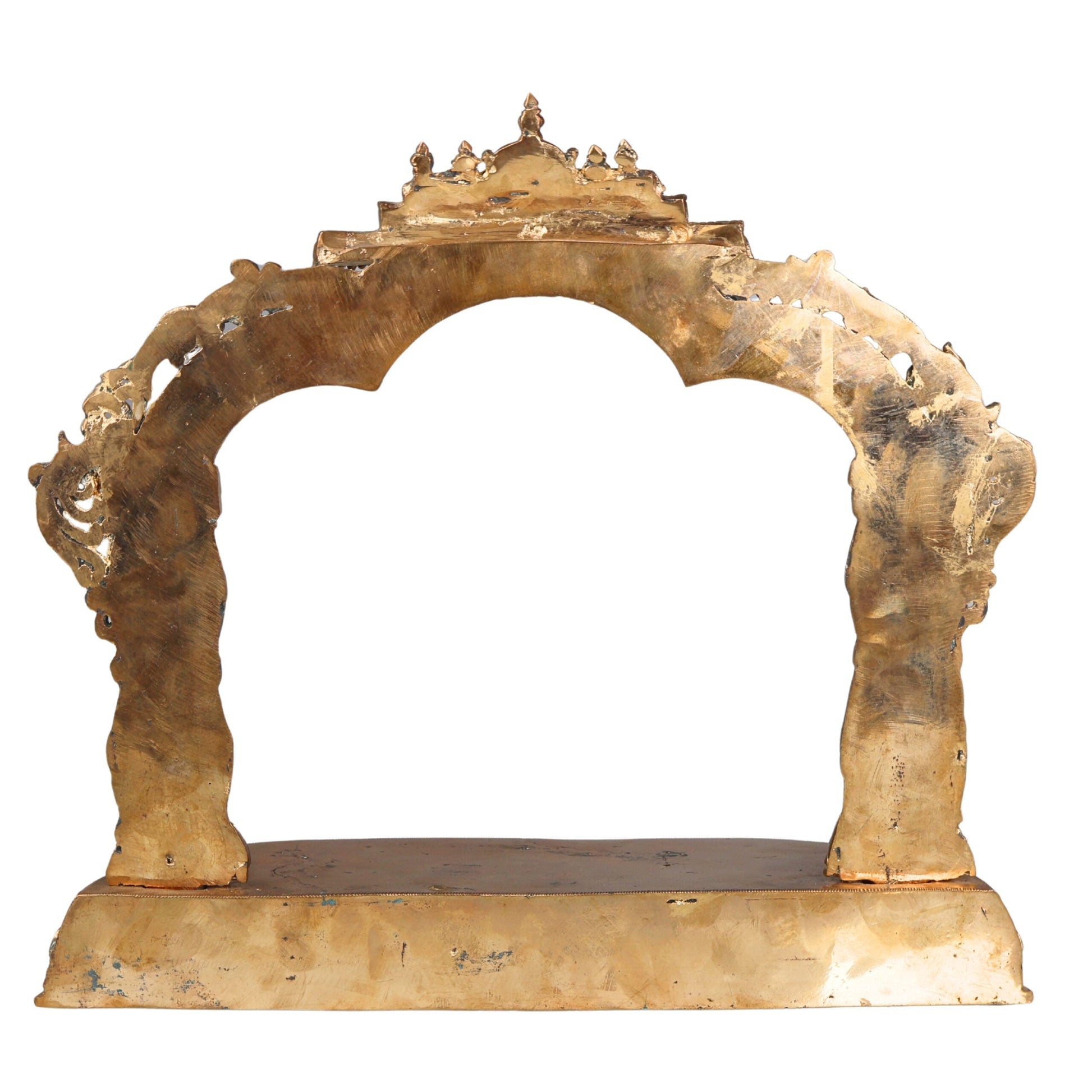 Panchaloha Bronze Mandapam with Prabhavali | Handmade Pooja Chowki, Singhasan Peetha, God Idol Pedestal, Traditional Temple Bajot with Arch Backrest, Gold, 15 Inch, 1 Piece