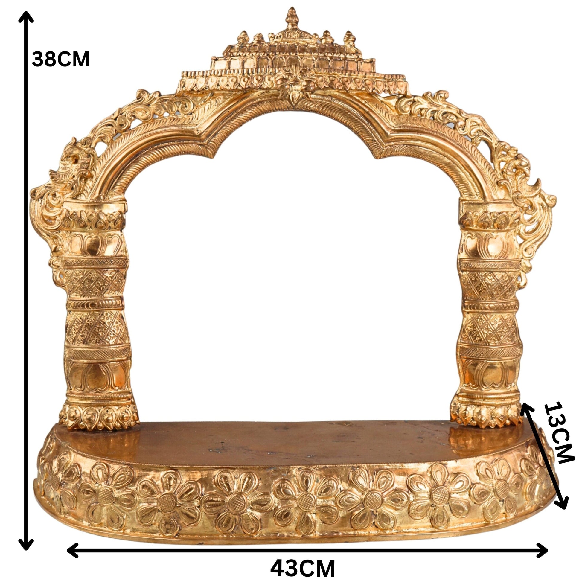 Panchaloha Bronze Mandapam with Prabhavali | Handmade Pooja Chowki, Singhasan Peetha, God Idol Pedestal, Traditional Temple Bajot with Arch Backrest, Gold, 15 Inch, 1 Piece