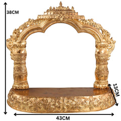 Panchaloha Bronze Mandapam with Prabhavali | Handmade Pooja Chowki, Singhasan Peetha, God Idol Pedestal, Traditional Temple Bajot with Arch Backrest, Gold, 15 Inch, 1 Piece