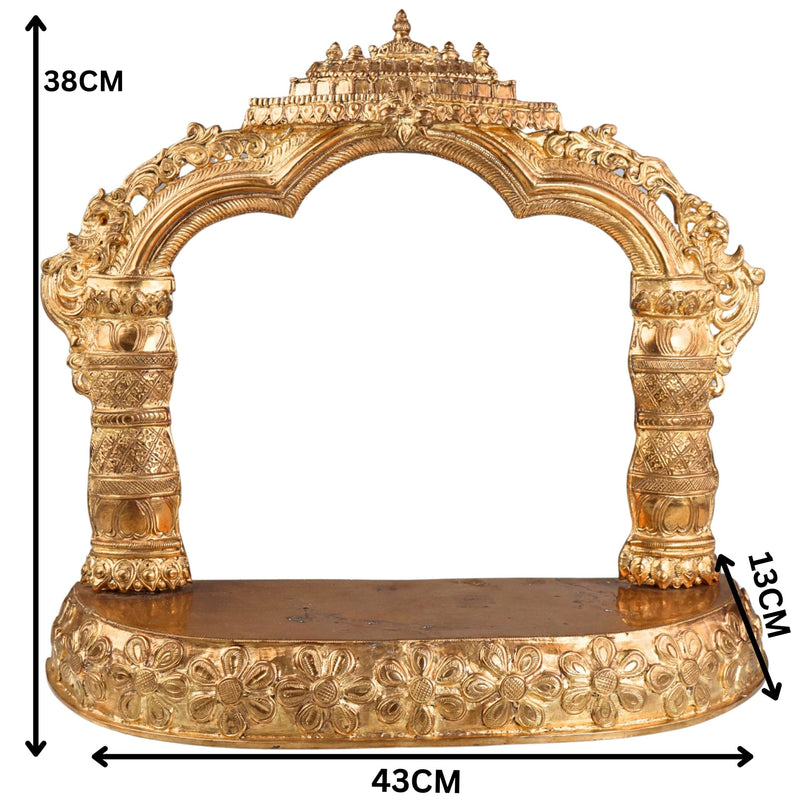 Panchaloha Bronze Mandapam with Prabhavali | Handmade Pooja Chowki, Singhasan Peetha, God Idol Pedestal, Traditional Temple Bajot with Arch Backrest, Gold, 15 Inch, 1 Piece
