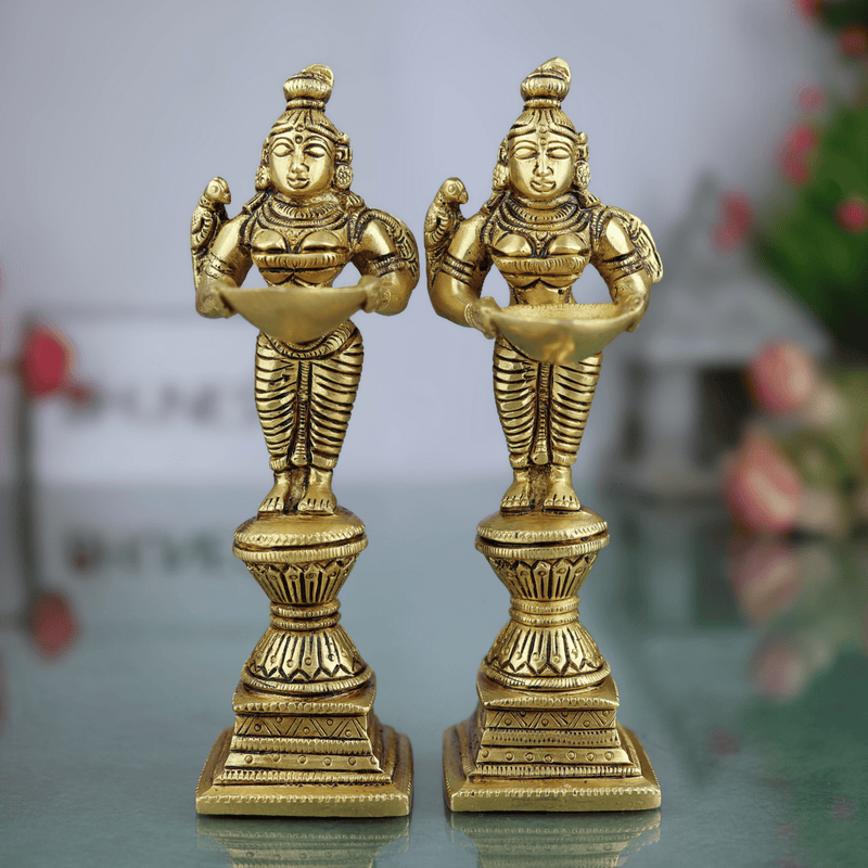 Brass Diya Lady Deepalakshmi Idol, Deepa Lakshmi Vilakku Amma Statue, Kuthu Vilakku Deepam Achi Pital Deepa Devi Murti, Set Of 2,Gold, 7 Inch, 2 Piece