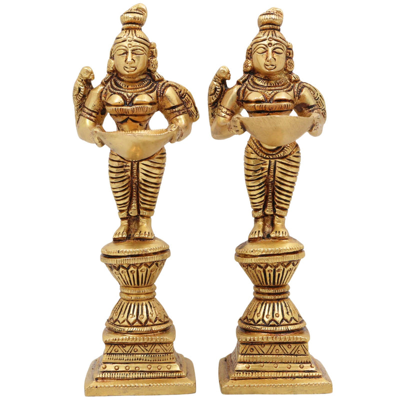 Brass Diya Lady Deepalakshmi Idol, Deepa Lakshmi Vilakku Amma Statue, Kuthu Vilakku Deepam Achi Pital Deepa Devi Murti, Set Of 2,Gold, 7 Inch, 2 Piece