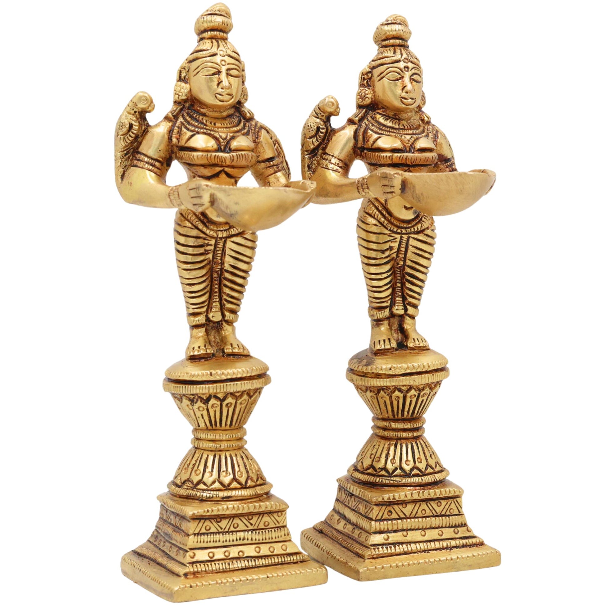 Brass Diya Lady Deepalakshmi Idol, Deepa Lakshmi Vilakku Amma Statue, Kuthu Vilakku Deepam Achi Pital Deepa Devi Murti, Set Of 2,Gold, 7 Inch, 2 Piece