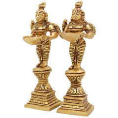 Brass Diya Lady Deepalakshmi Idol, Deepa Lakshmi Vilakku Amma Statue, Kuthu Vilakku Deepam Achi Pital Deepa Devi Murti, Set Of 2,Gold, 7 Inch, 2 Piece