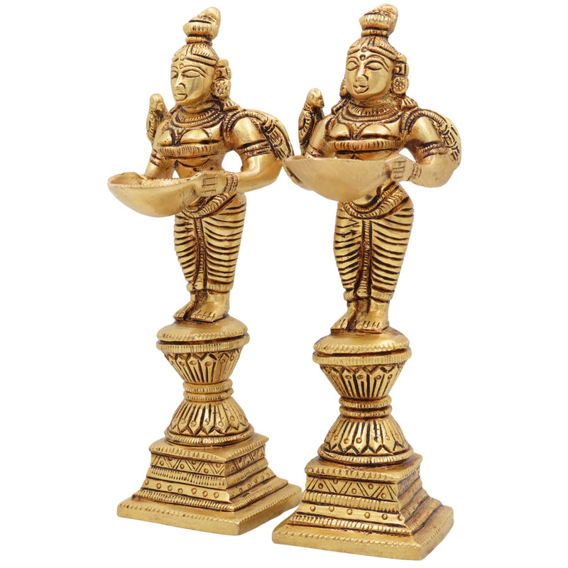 Brass Diya Lady Deepalakshmi Idol, Deepa Lakshmi Vilakku Amma Statue, Kuthu Vilakku Deepam Achi Pital Deepa Devi Murti, Set Of 2,Gold, 7 Inch, 2 Piece