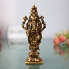 Brass Balaji Venkateswara Idol | Narayana Srinivasa Murti | Govinda Vishnu Statue | Pooja, Home Decor & Spiritual Gift Sculpture,Gold, 6.5 Inch, 1 Piece