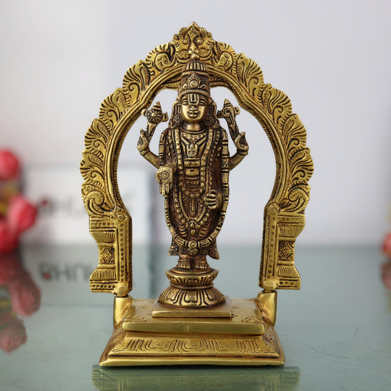 Brass Venkateshwara Balaji Idol with Prabhavali | Srinivasa Govinda Tirupati Balaji Statue for Home Decor, Temple Puja & Gifts,Gold, 8 Inch, 1 Piece