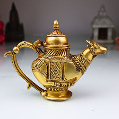 Brass Ganga Jali Water Kamandal with Cow Face, Gomukhi Shringi Abhishek Patra, Pooja Loota Stoup for Hindu Rituals, Gold, 5.5 Inch, 1 Piece