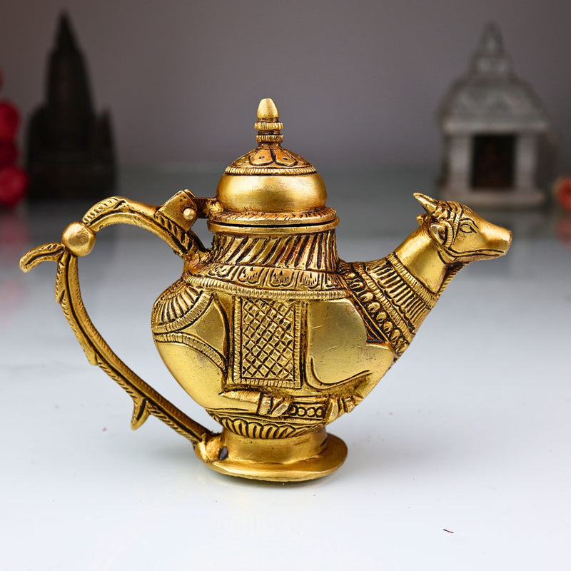 Brass Ganga Jali Water Kamandal with Cow Face, Gomukhi Shringi Abhishek Patra, Pooja Loota Stoup for Hindu Rituals, Gold, 5.5 Inch, 1 Piece