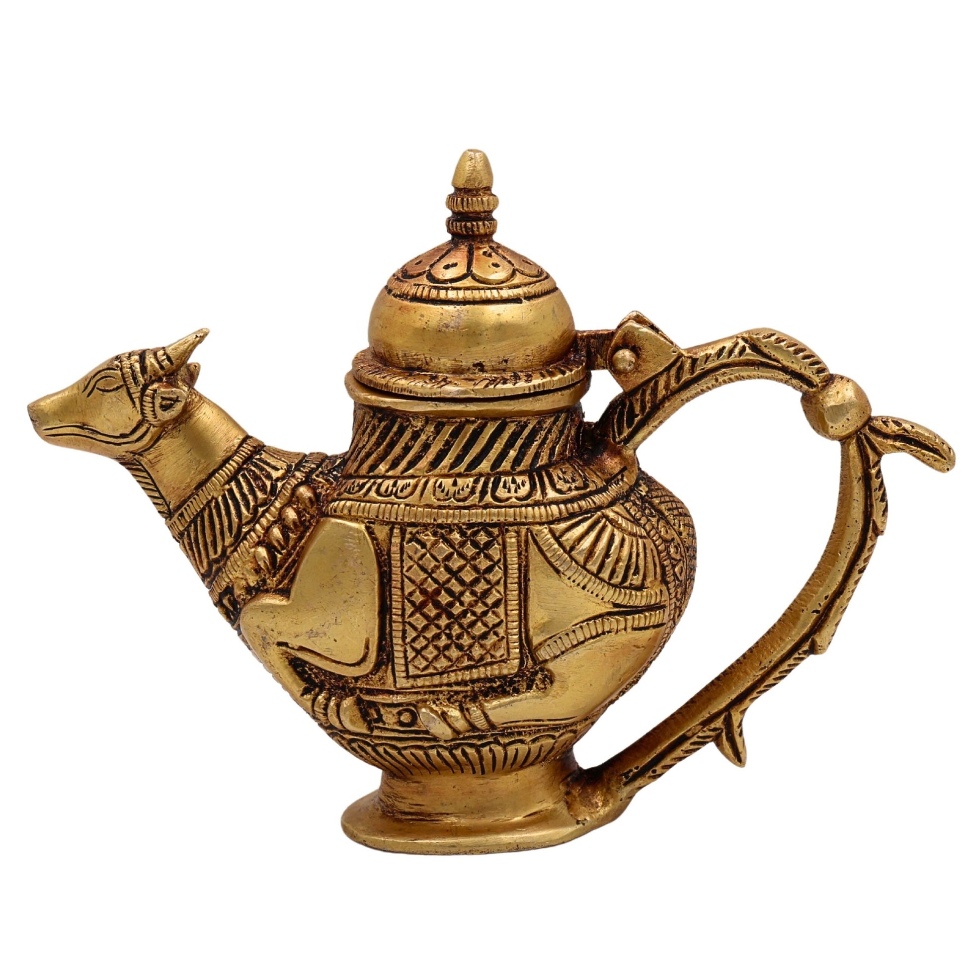 Brass Ganga Jali Water Kamandal with Cow Face, Gomukhi Shringi Abhishek Patra, Pooja Loota Stoup for Hindu Rituals, Gold, 5.5 Inch, 1 Piece
