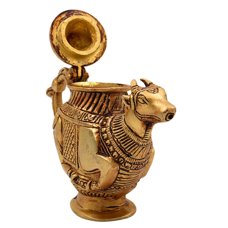 Brass Ganga Jali Water Kamandal with Cow Face, Gomukhi Shringi Abhishek Patra, Pooja Loota Stoup for Hindu Rituals, Gold, 5.5 Inch, 1 Piece