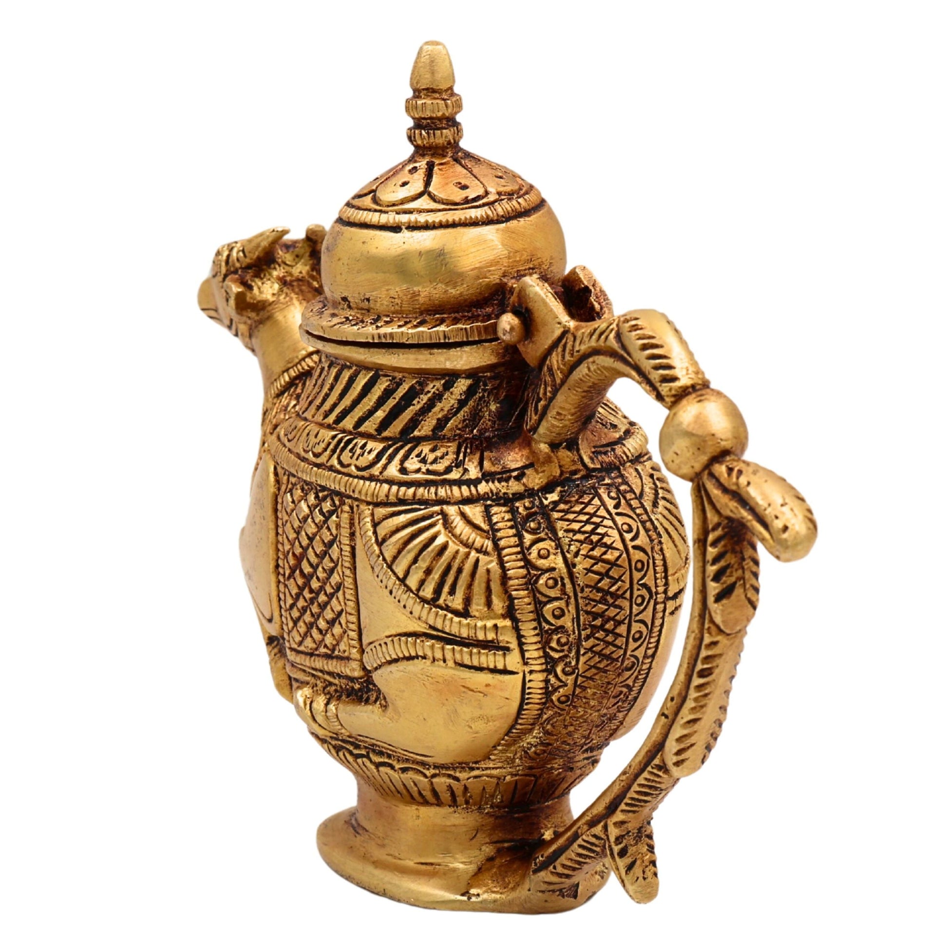 Brass Ganga Jali Water Kamandal with Cow Face, Gomukhi Shringi Abhishek Patra, Pooja Loota Stoup for Hindu Rituals, Gold, 5.5 Inch, 1 Piece