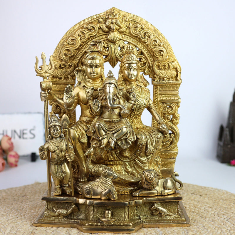 Brass Shiv Pariwar Idol with Shiva Lingam – Lord Shiva Family Murti | Pital Shiv Parivar Statue for Home Temple, Pooja & Deco,Gold, 12 Inch, 1 Piece
