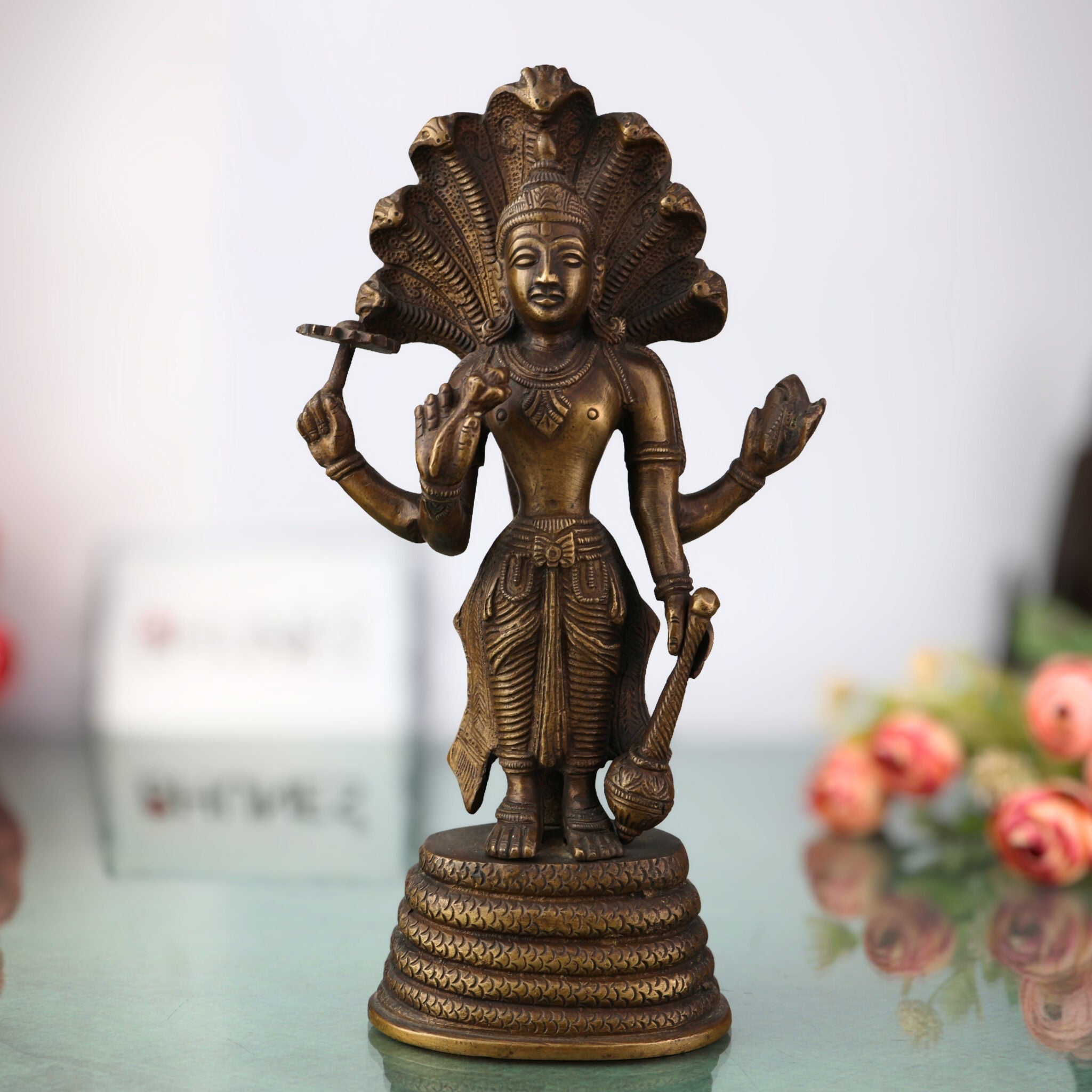 Brass Vishnu Idol | Narayana Murti | Venkateswara Statue | Balaji Moorthi | Govinda Vigraha | Padmanabha Murti | Home Decor & Pooja Idol | Handcrafted ,Gold, 9.5 Inch, 1 Piece