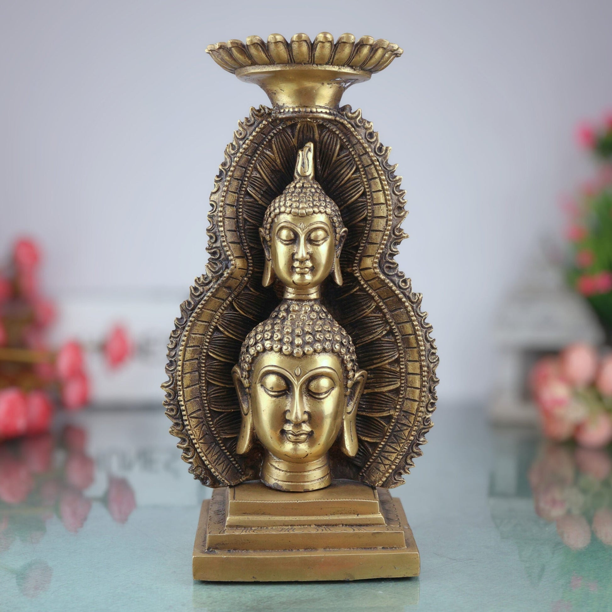 Brass Buddha Head Idol, Meditating Lord Buddha Face Murti, Spiritual Buddha Statue for Home, Pooja & Meditation Decor,Gold, 12 Inch, 1 Piece