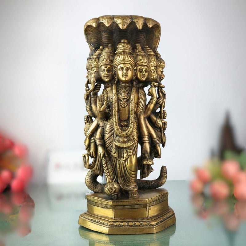 Brass Lord VishnuSeven-Headed Sheshnag Idol, Narayana Murti, Peetal Pittal Sculpture for Pooja, Temple & Home Decor,Gold, 13.5 Inch, 1 Piece
