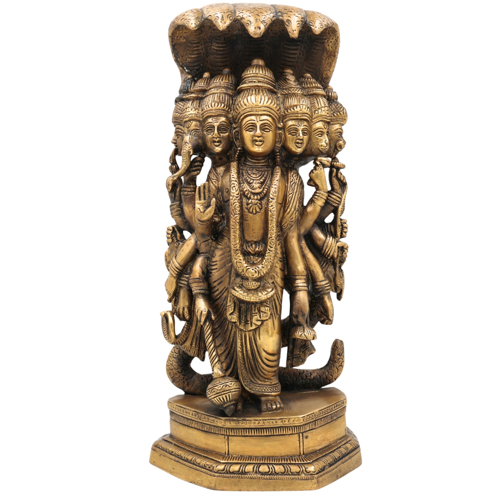 Brass Lord VishnuSeven-Headed Sheshnag Idol, Narayana Murti, Peetal Pittal Sculpture for Pooja, Temple & Home Decor,Gold, 13.5 Inch, 1 Piece