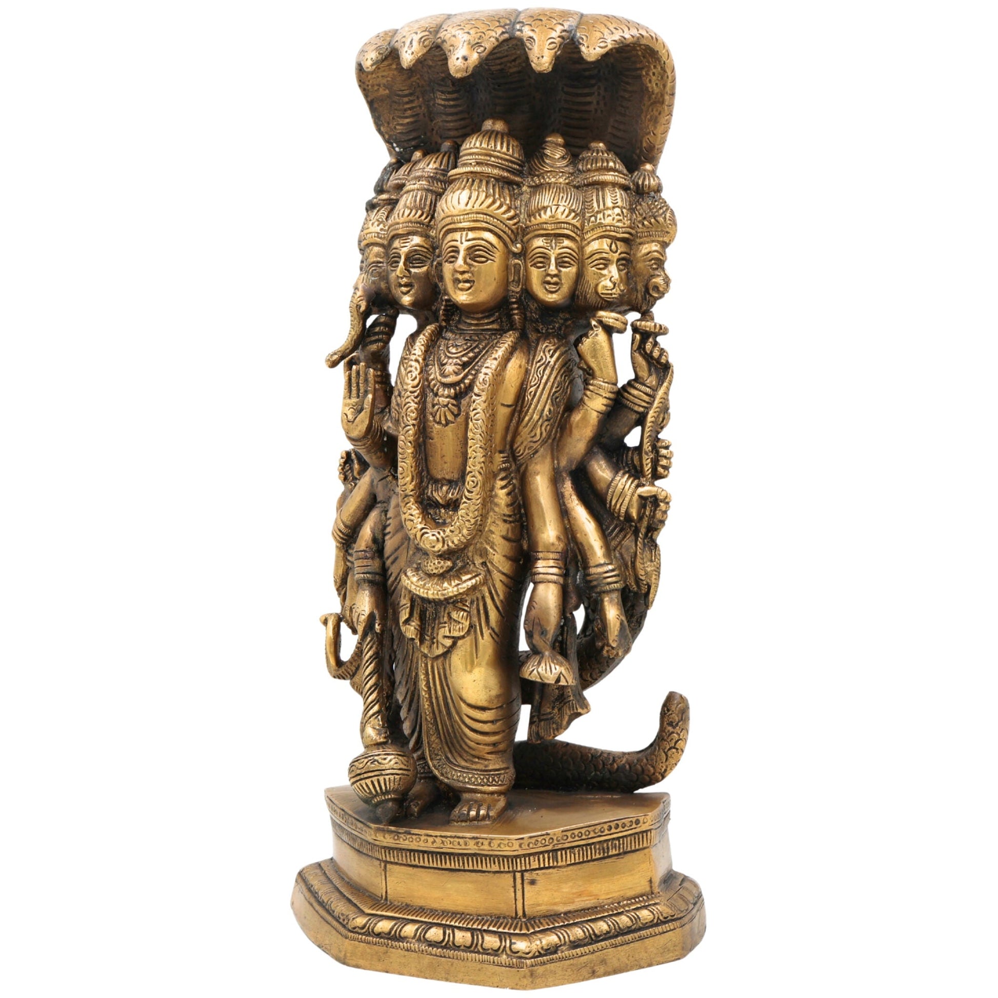 Brass Lord VishnuSeven-Headed Sheshnag Idol, Narayana Murti, Peetal Pittal Sculpture for Pooja, Temple & Home Decor,Gold, 13.5 Inch, 1 Piece
