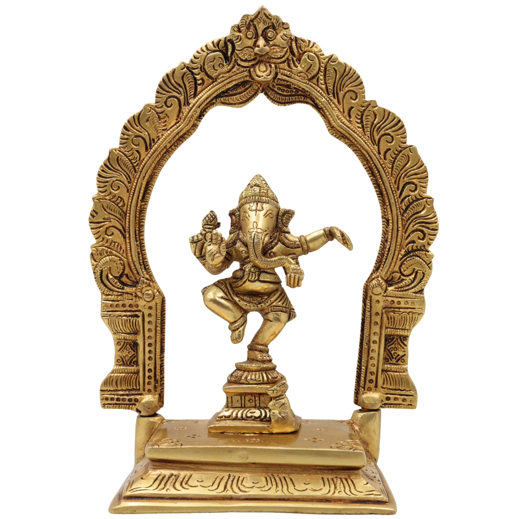 Brass Ganesha with Prabhavali Idol – Vinayaka Ganapati with Arch | Pillaiyar Ganesh Ji Murti for Home, Temple & Gift Décor,Gold, 7 Inch, 1 Piece