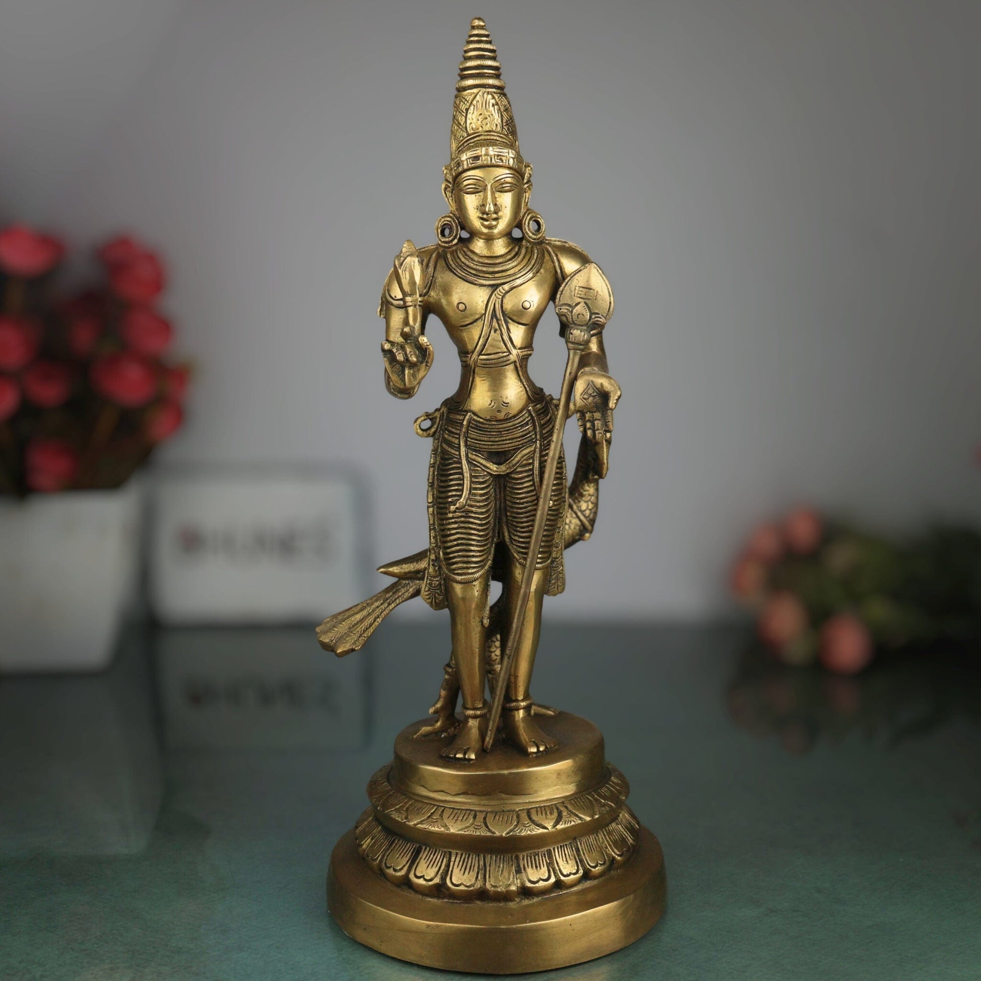 Brass Murugan Idol | Lord Kartikeya Skanda Subramanya Shanmukha Vel Murugan Statue for Pooja Room, Temple & Home Decor,Gold, 16 Inch, 1 Piece