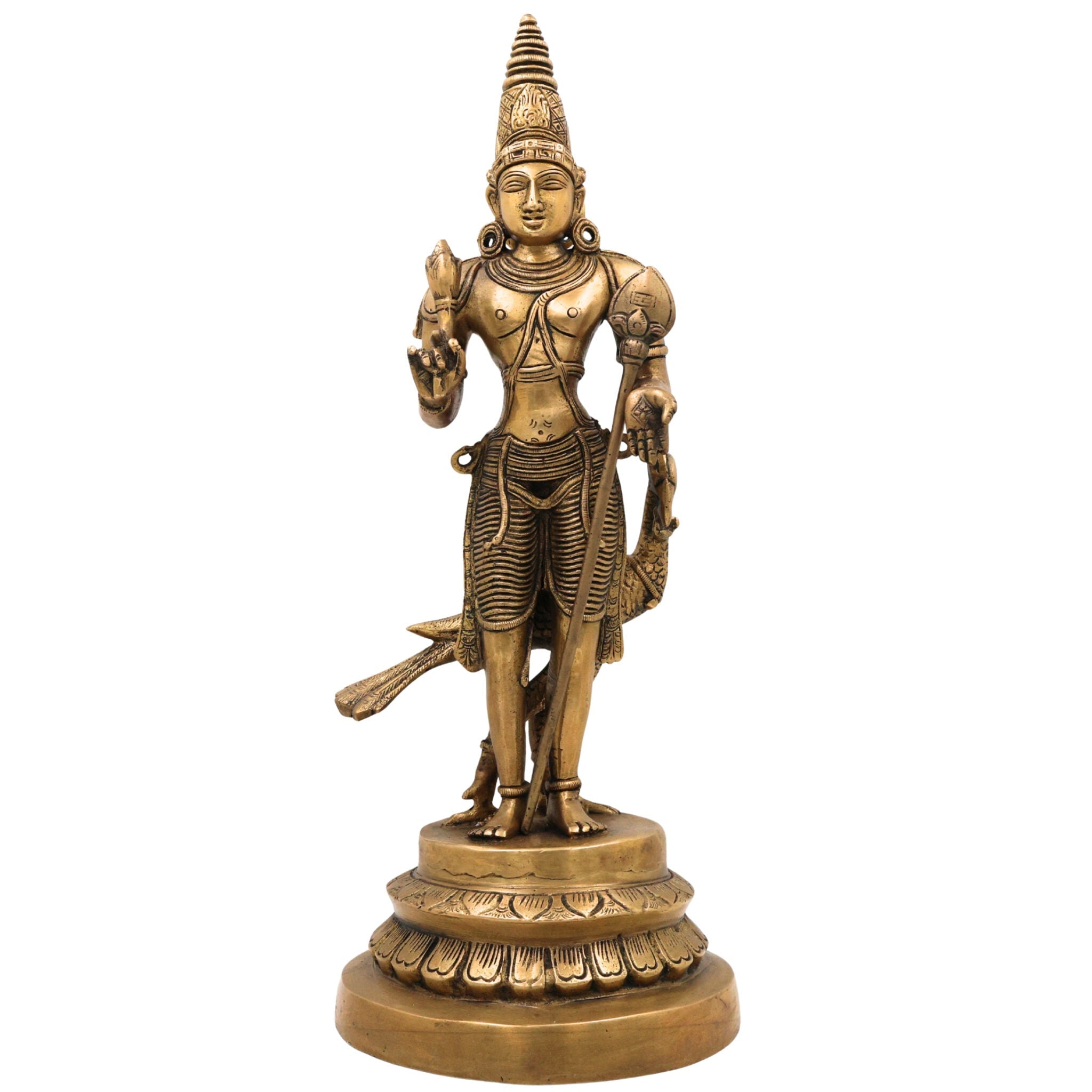 Brass Murugan Idol | Lord Kartikeya Skanda Subramanya Shanmukha Vel Murugan Statue for Pooja Room, Temple & Home Decor,Gold, 16 Inch, 1 Piece