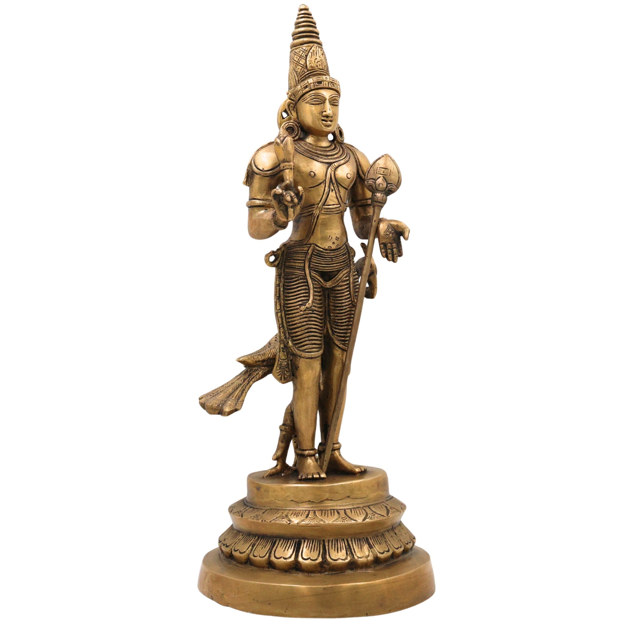 Brass Murugan Idol | Lord Kartikeya Skanda Subramanya Shanmukha Vel Murugan Statue for Pooja Room, Temple & Home Decor,Gold, 16 Inch, 1 Piece