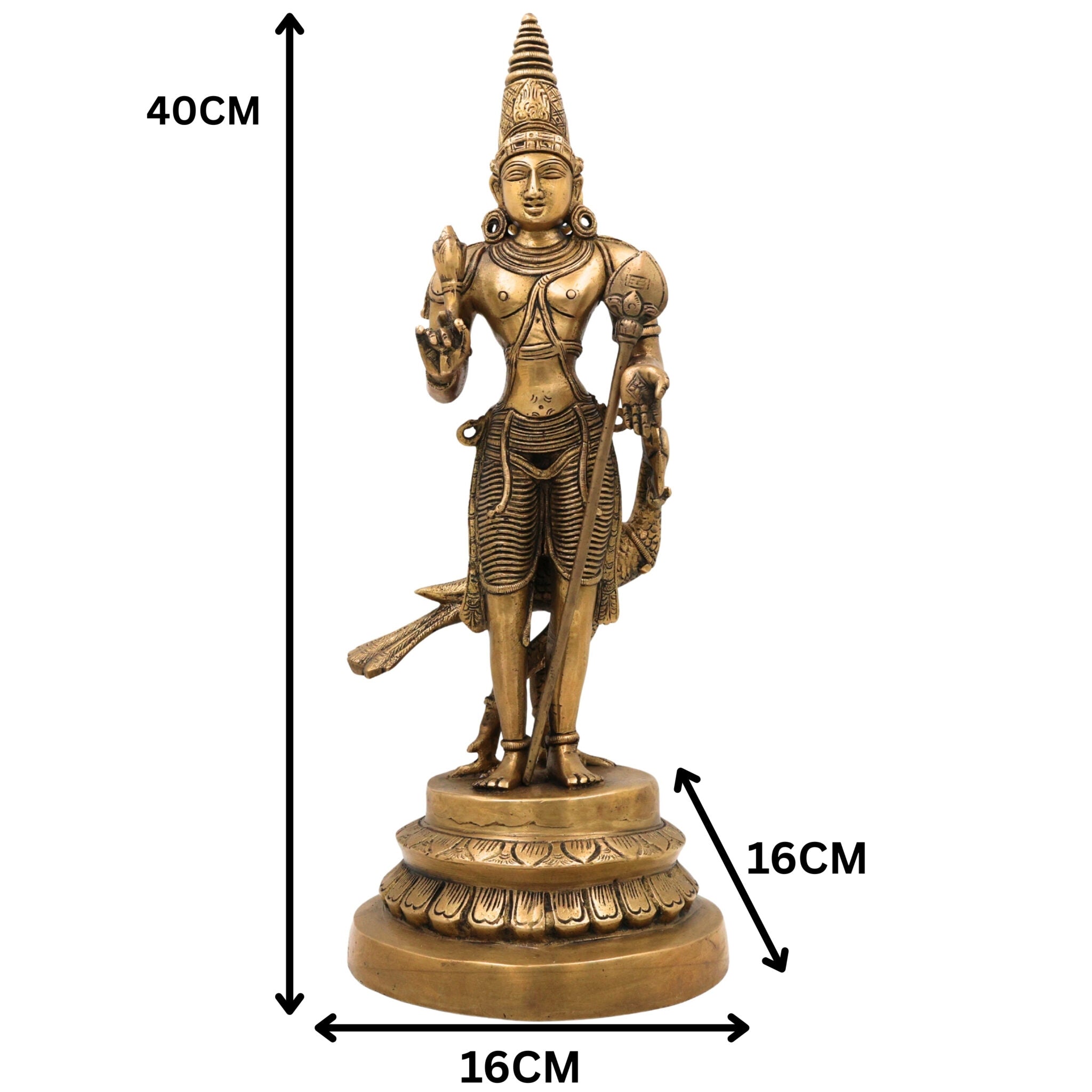 Brass Murugan Idol | Lord Kartikeya Skanda Subramanya Shanmukha Vel Murugan Statue for Pooja Room, Temple & Home Decor,Gold, 16 Inch, 1 Piece