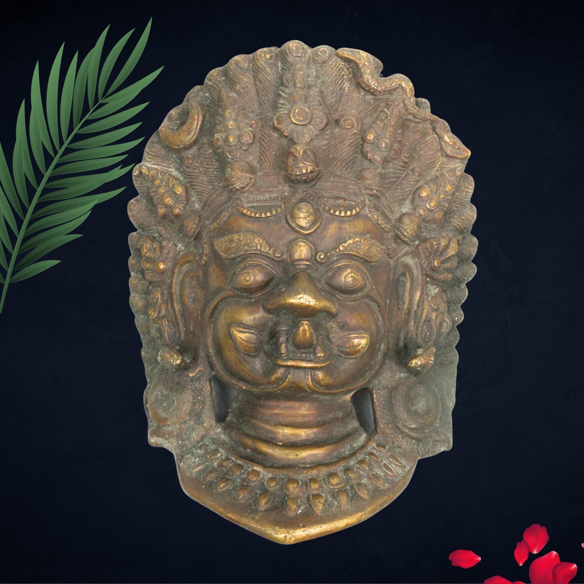 Brass Kala Bhairava Face Idol, Kaal Bhairav Mukha, Kalabhairavar Pital Statue, Bhairon Baba Wall Hanging,Gold, 9 Inch, 1 Piece