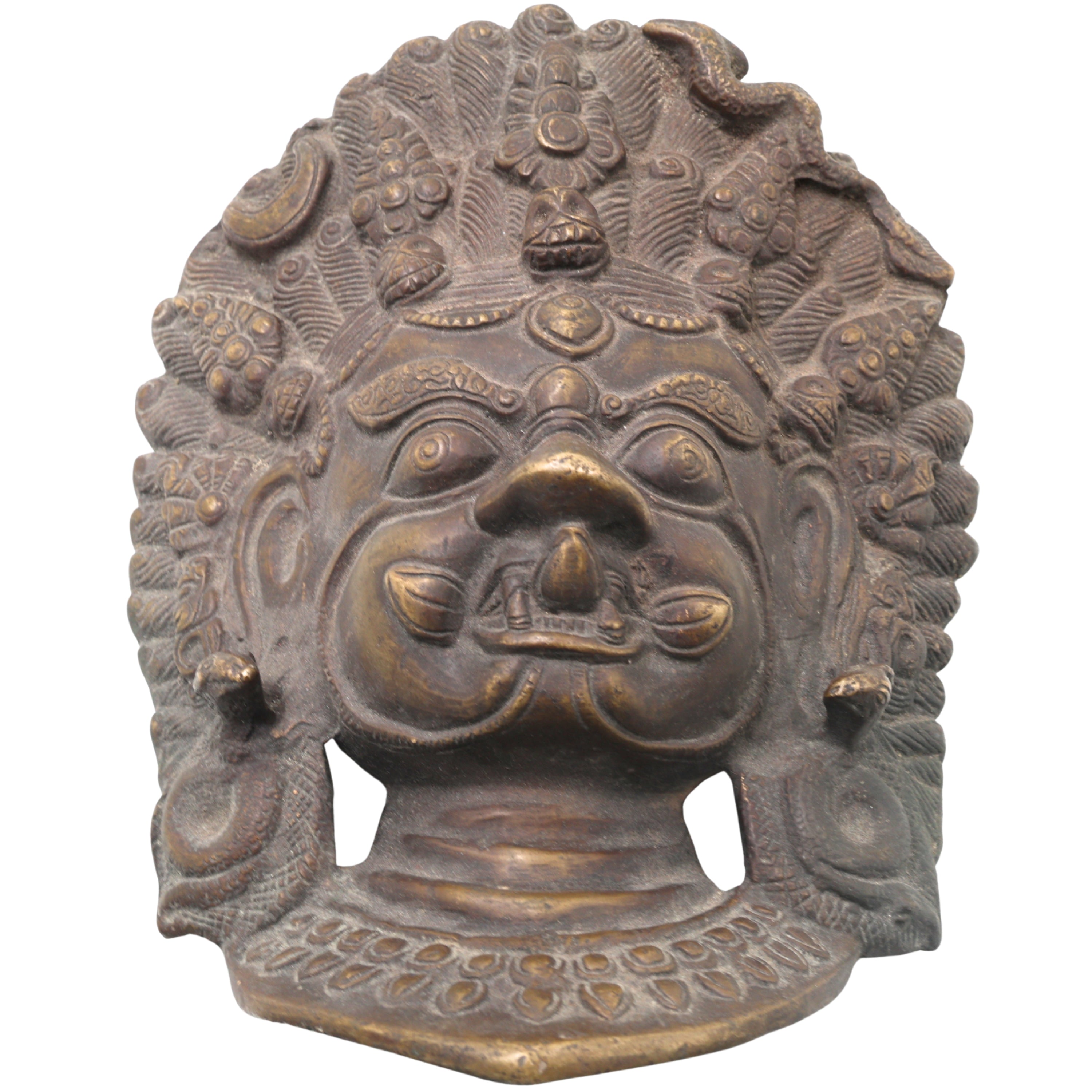 Brass Kala Bhairava Face Idol, Kaal Bhairav Mukha, Kalabhairavar Pital Statue, Bhairon Baba Wall Hanging,Gold, 9 Inch, 1 Piece