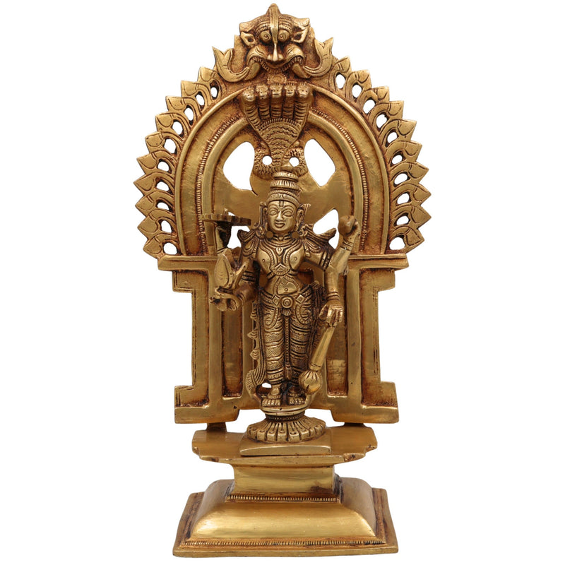 Brass Vishnu Balaji Srinivasa Govinda Idol with Prabhavali for Home Temple Decor & Pooja, Gold, 11.5 Inch