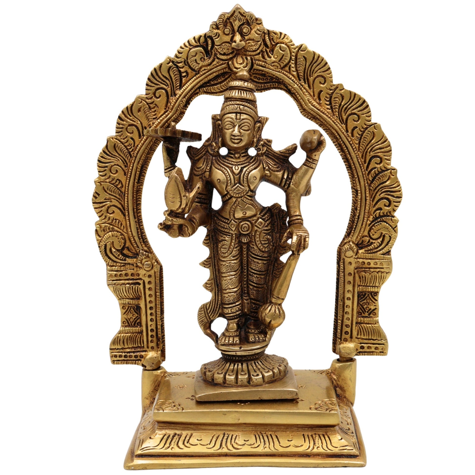Brass Vishnu Idol with Prabhavali | Narayana Statue | Balaji Murti | Govinda Vigraha | Srinivasa Sculpture | Padmanabha | Ranganatha | Lakshminarayan Brass Pooja Idol for Home & Temple Decor,Gold, 8 Inch, 1 Piece