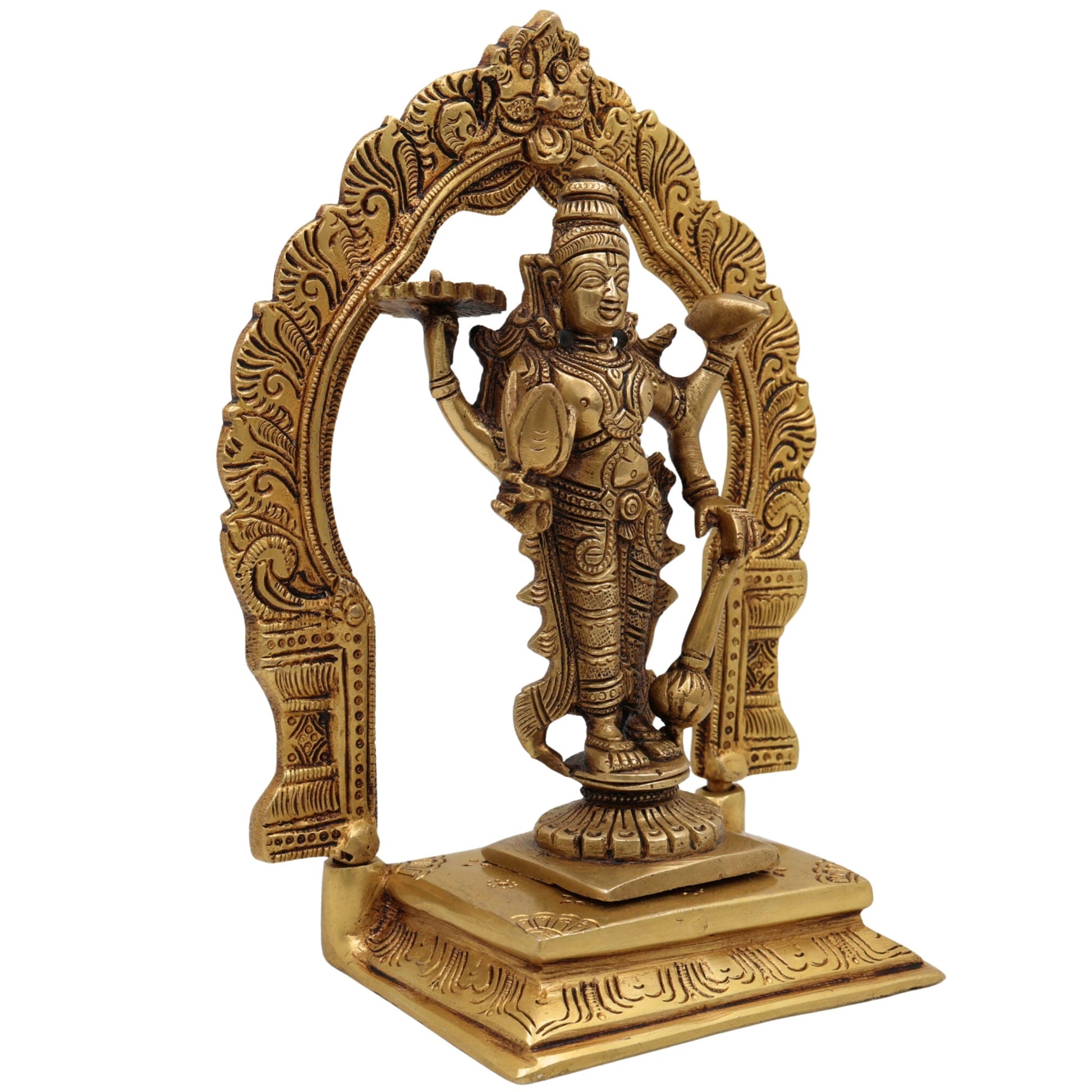 Brass Vishnu Idol with Prabhavali | Narayana Statue | Balaji Murti | Govinda Vigraha | Srinivasa Sculpture | Padmanabha | Ranganatha | Lakshminarayan Brass Pooja Idol for Home & Temple Decor,Gold, 8 Inch, 1 Piece