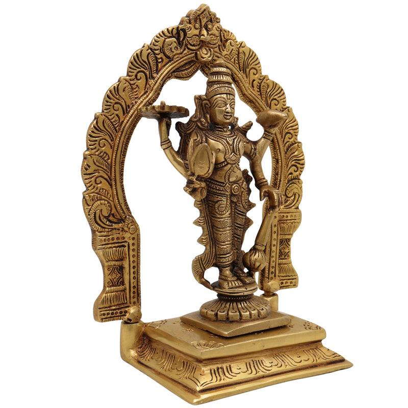 Brass Vishnu Idol with Prabhavali | Narayana Statue | Balaji Murti | Govinda Vigraha | Srinivasa Sculpture | Padmanabha | Ranganatha | Lakshminarayan Brass Pooja Idol for Home & Temple Decor,Gold, 8 Inch, 1 Piece