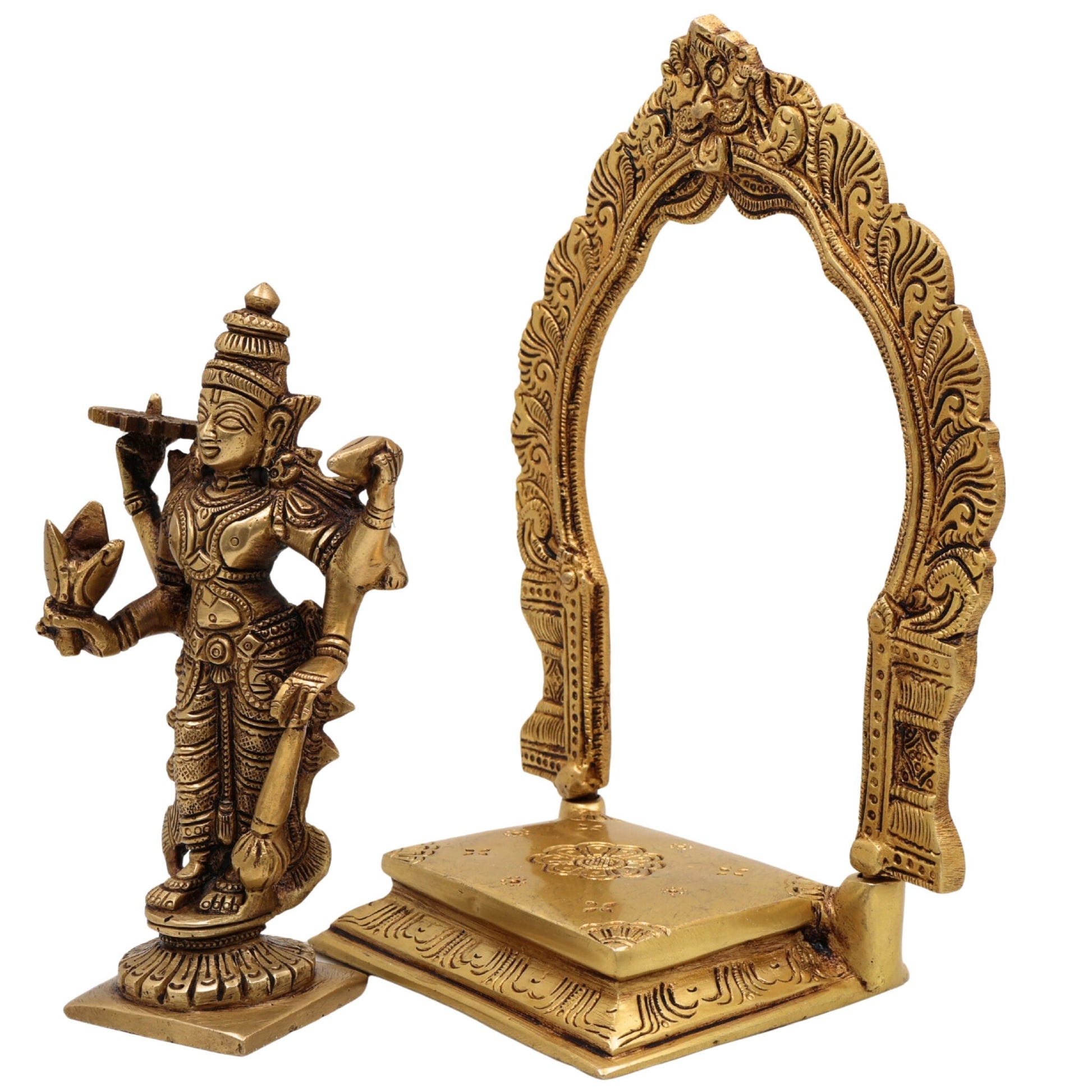 Brass Vishnu Idol with Prabhavali | Narayana Statue | Balaji Murti | Govinda Vigraha | Srinivasa Sculpture | Padmanabha | Ranganatha | Lakshminarayan Brass Pooja Idol for Home & Temple Decor,Gold, 8 Inch, 1 Piece