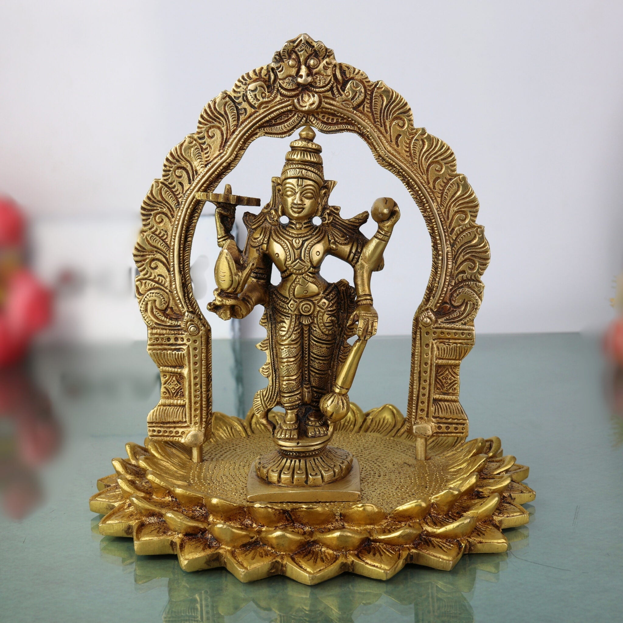 Brass Vishnu Venkateswara Balaji Idol with Prabhavali | Narayana Srinivasa Govinda Murti for Pooja, Home Temple Decor & Gift, Gold, 8 Inch