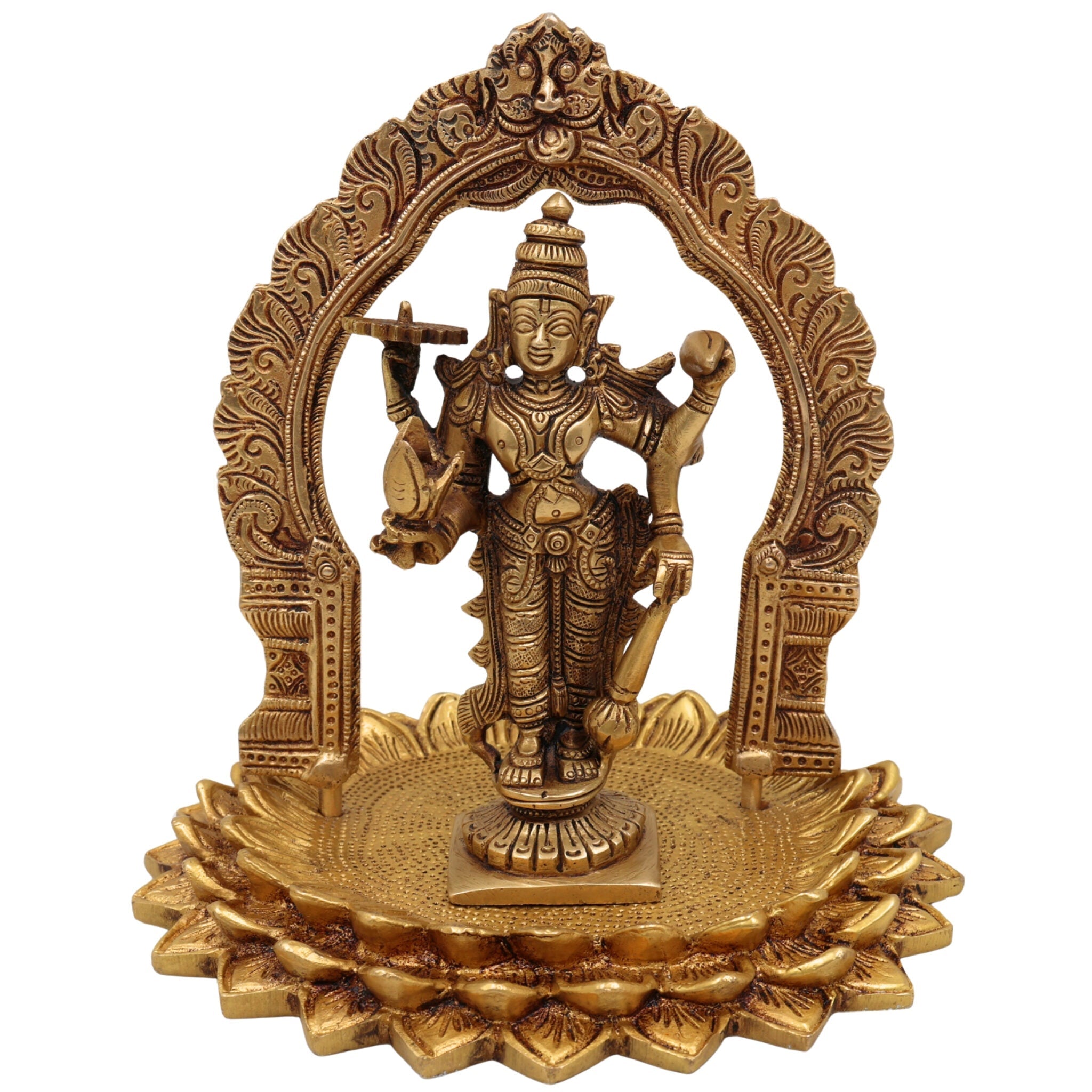 Brass Vishnu Venkateswara Balaji Idol with Prabhavali | Narayana Srinivasa Govinda Murti for Pooja, Home Temple Decor & Gift, Gold, 8 Inch