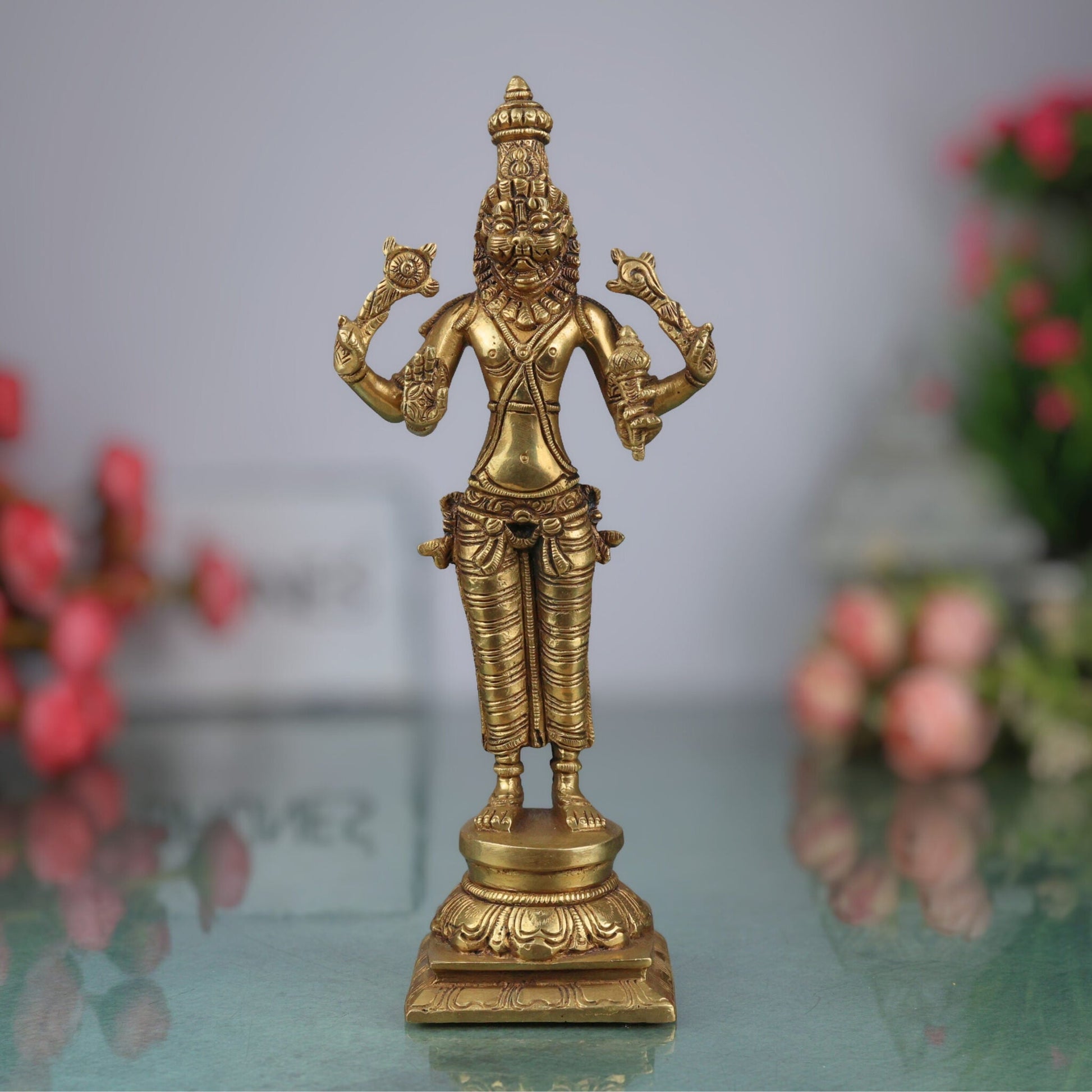 Brass Lord Narasimha Swamy Idol – Yoga Narasimha Murti, Narasingha Statue for Pooja Room, Home, Temple & Office Decor, Handmade Nrisimha Figurine,Gold, 4 Inch, 1 Piece