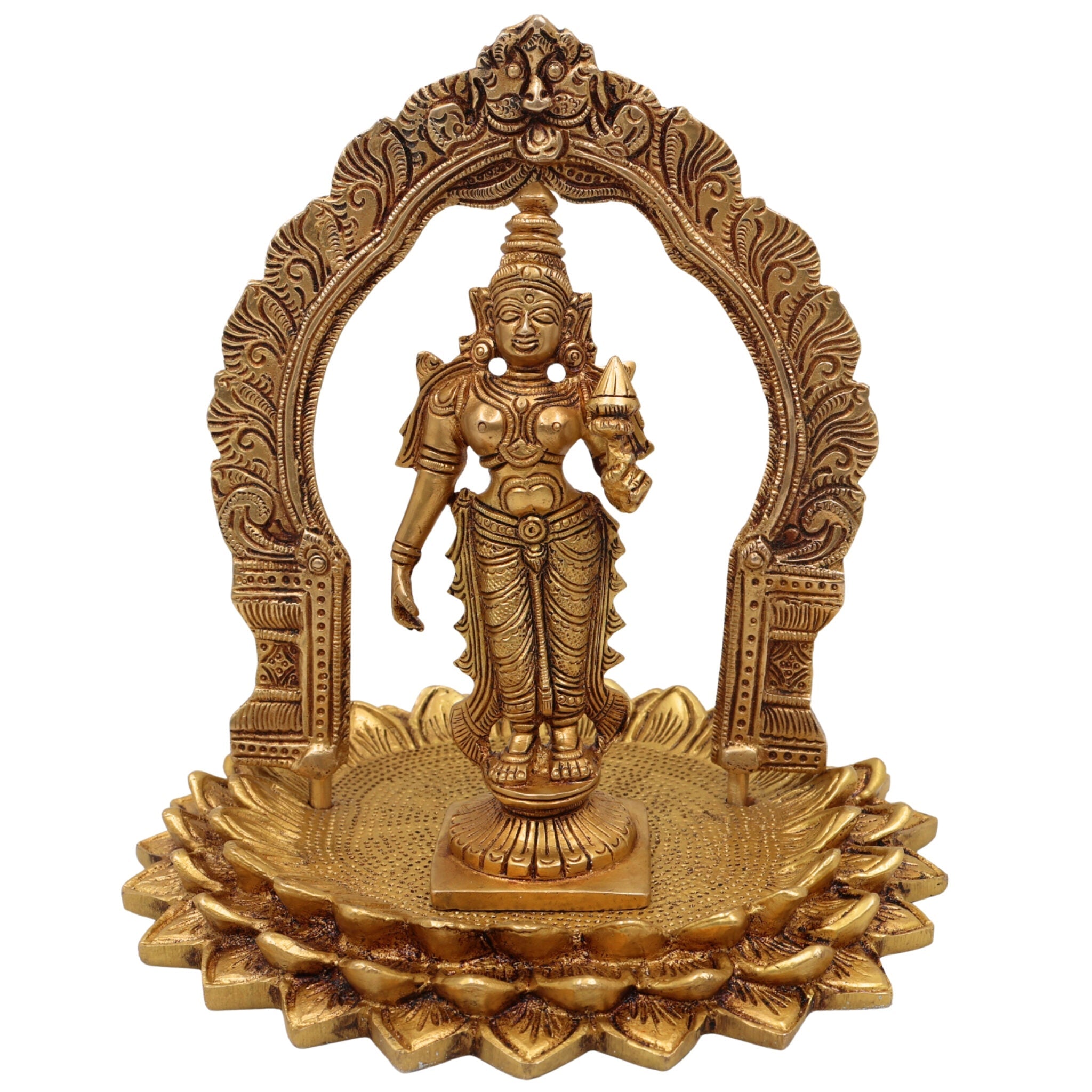 Handcrafted Brass Mahalakshmi Idol Standing on Lotus with Prabhavali – Shree Lakshmi, Kamala Devi, Ashta Lakshmi Murti for Pooja, Home Decor & Temple,Gold, 8 Inch, 1 Piece