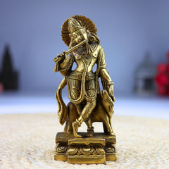 Brass Krishna with Cow Idol | Gopal Govinda Murti | Bal Gopal Kanha Statue | Shyamsundar Murli Manohar Pital Vigraham for Home Decor & Puja,Gold, 6.5 Inch, 1 Piece