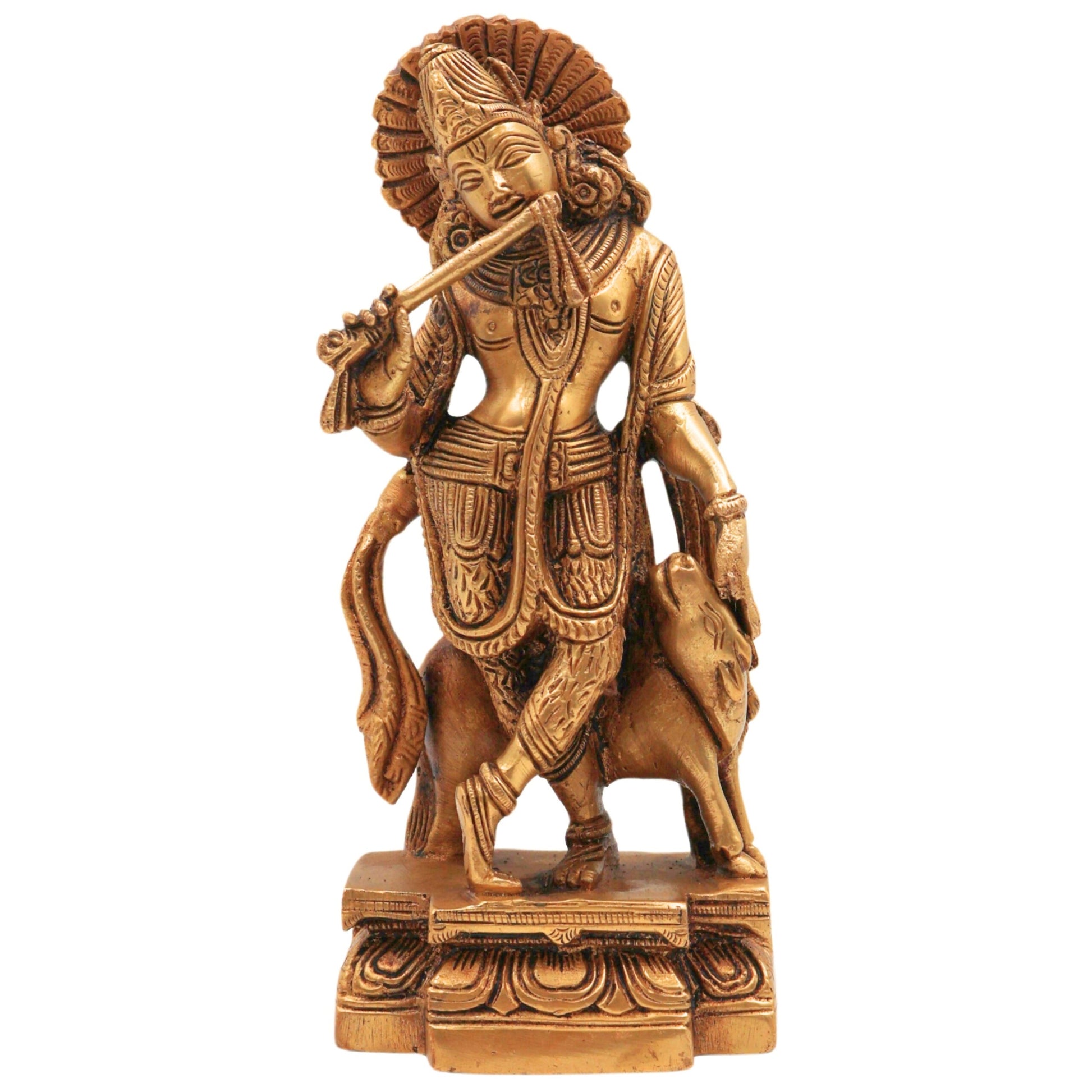 Brass Krishna with Cow Idol | Gopal Govinda Murti | Bal Gopal Kanha Statue | Shyamsundar Murli Manohar Pital Vigraham for Home Decor & Puja,Gold, 6.5 Inch, 1 Piece