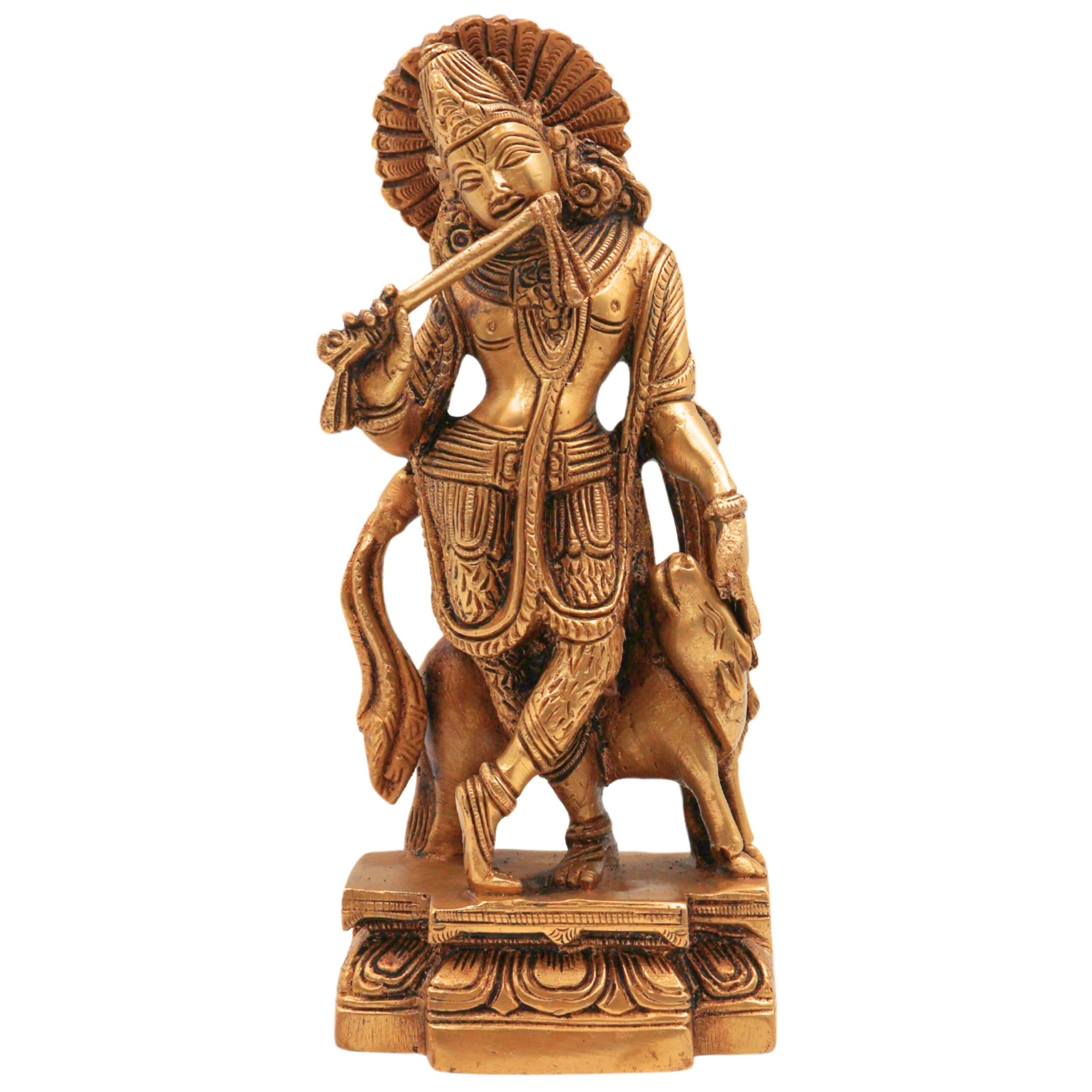Brass Krishna with Cow Idol | Gopal Govinda Murti | Bal Gopal Kanha Statue | Shyamsundar Murli Manohar Pital Vigraham for Home Decor & Puja,Gold, 6.5 Inch, 1 Piece