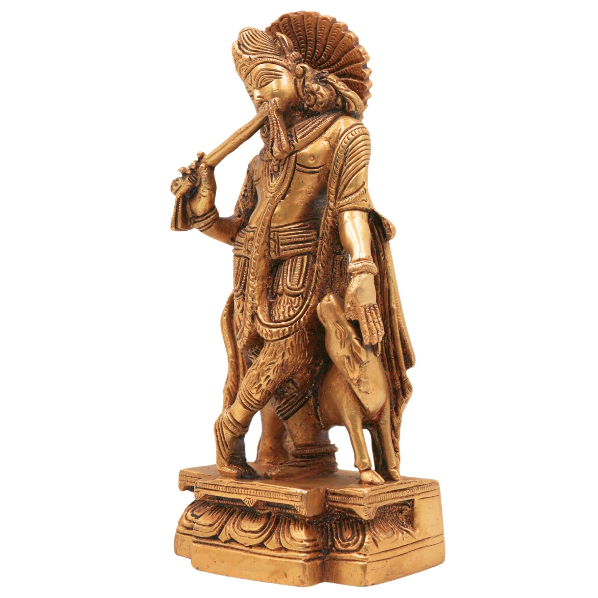 Brass Krishna with Cow Idol | Gopal Govinda Murti | Bal Gopal Kanha Statue | Shyamsundar Murli Manohar Pital Vigraham for Home Decor & Puja,Gold, 6.5 Inch, 1 Piece