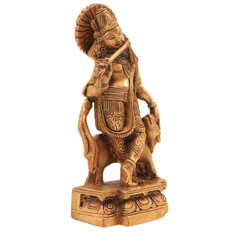 Brass Krishna with Cow Idol | Gopal Govinda Murti | Bal Gopal Kanha Statue | Shyamsundar Murli Manohar Pital Vigraham for Home Decor & Puja,Gold, 6.5 Inch, 1 Piece