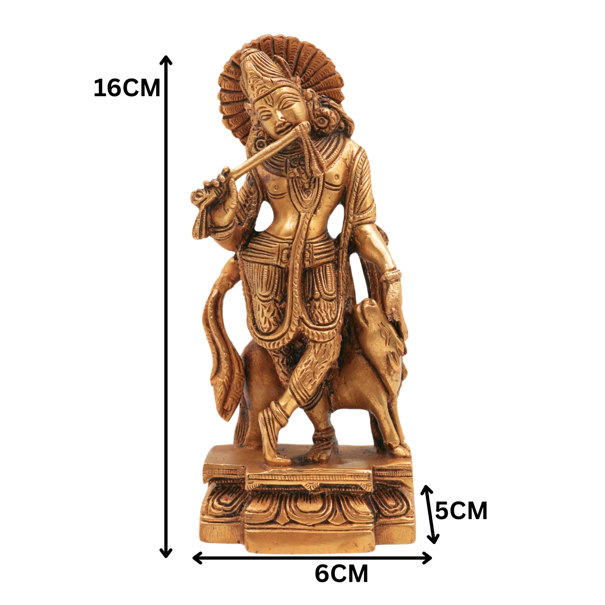 Brass Krishna with Cow Idol | Gopal Govinda Murti | Bal Gopal Kanha Statue | Shyamsundar Murli Manohar Pital Vigraham for Home Decor & Puja,Gold, 6.5 Inch, 1 Piece