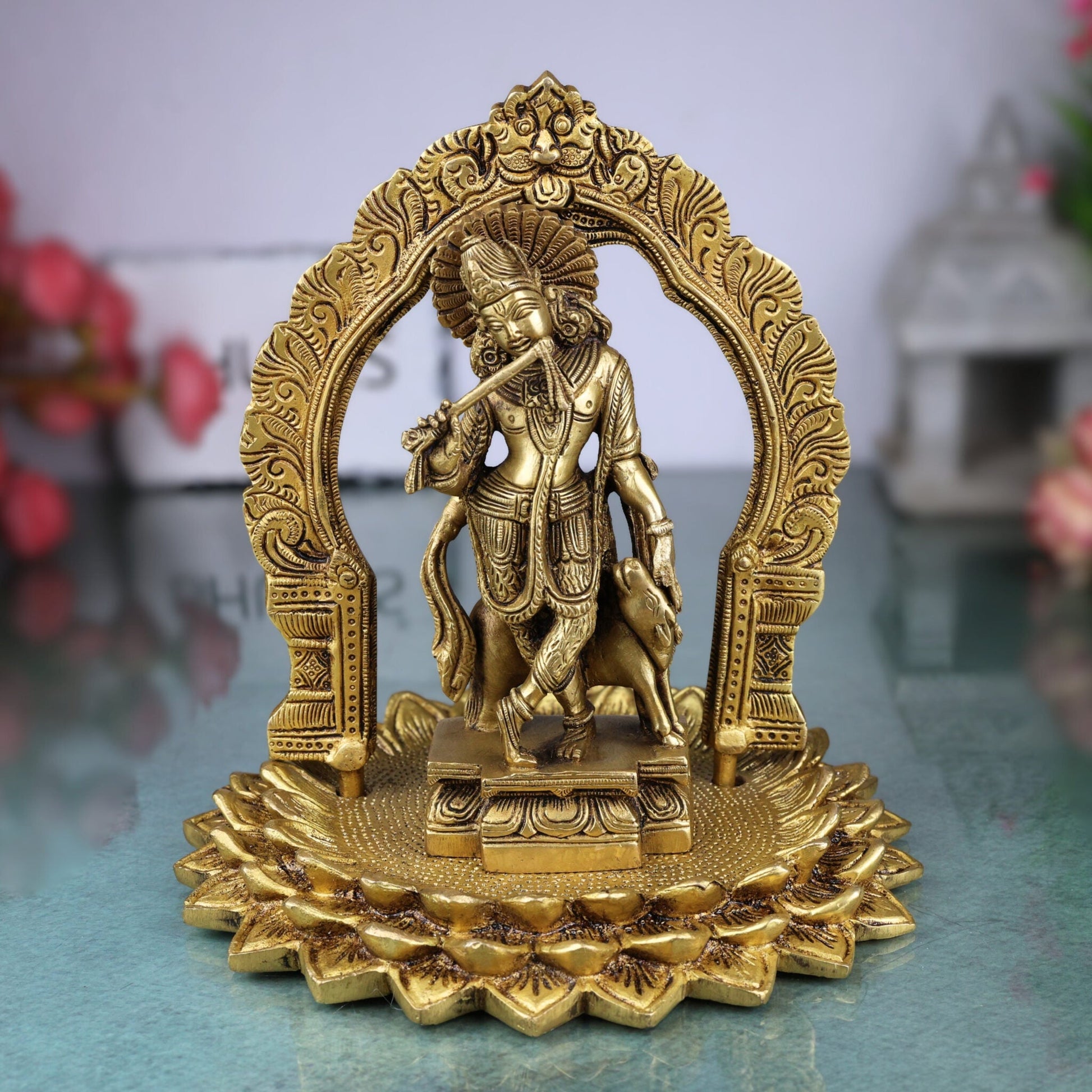 Brass Krishna Idol with Prabhavali on Lotus Chowki – Gopal, Balakrishna, Murli Manohar Murti for Pooja, Home Decor & Temple Statue,Gold, 8 Inch, 1 Piece