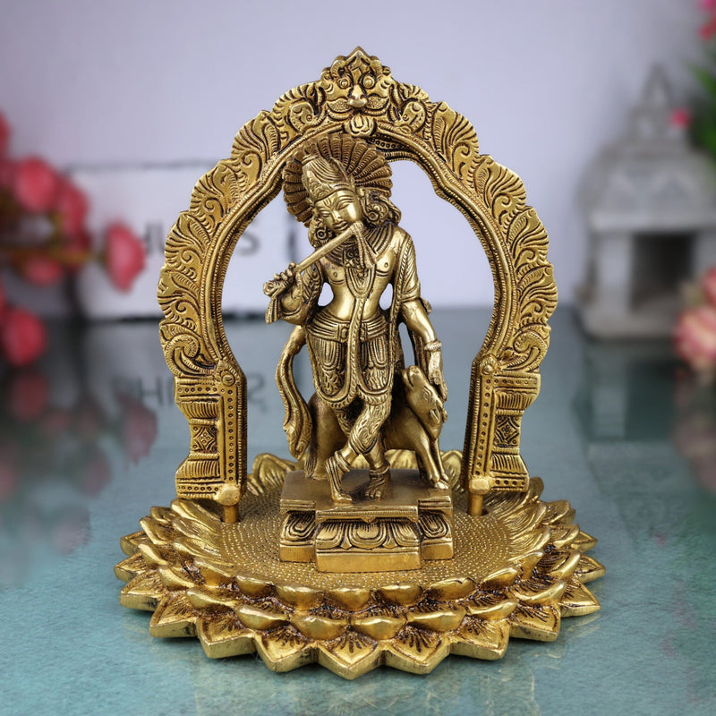 Brass Krishna Idol with Prabhavali on Lotus Chowki – Gopal, Balakrishna, Murli Manohar Murti for Pooja, Home Decor & Temple Statue,Gold, 8 Inch, 1 Piece
