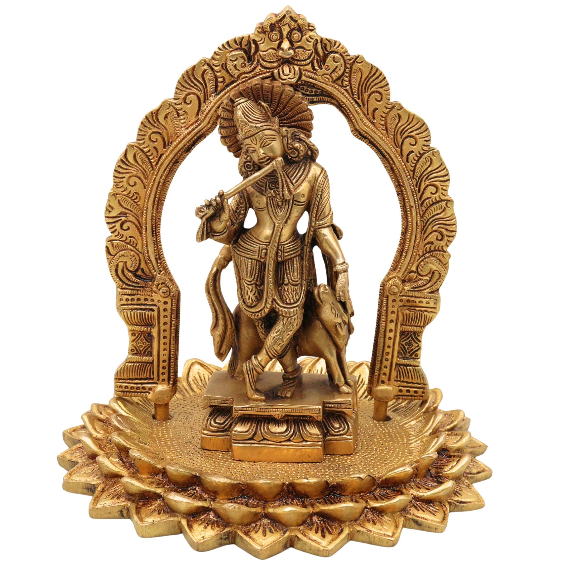 Brass Krishna Idol with Prabhavali on Lotus Chowki – Gopal, Balakrishna, Murli Manohar Murti for Pooja, Home Decor & Temple Statue,Gold, 8 Inch, 1 Piece